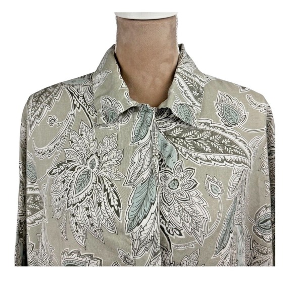 Bryn Walker Womnes Linen Top Jacket Tan Blue Paisley 3/4 Sleeve Button Up Sz Lg - Picture 2 of 15
